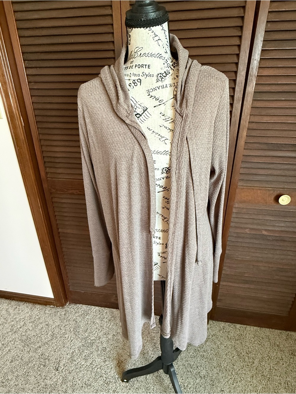 Honeyme Large Taupe Waffle Knit Hooded Open Front Cardigan Duster